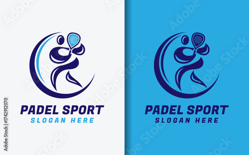 Abstract padel sport logo featuring a player with racket inside a dynamic circle. Modern, simple, and minimalist design for sport, coaching, tournament, or club identity.