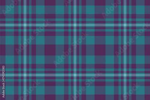 Classic plaid pattern in teal and purple hues. A versatile, eyecatching textile design suitable for backgrounds, apparel, and creative projects. Timeless style.