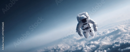 Lone astronaut floating above Earth, a visual metaphor for exploration, innovation,  the boundless potential of human achievement. Great for science  tech projects.
