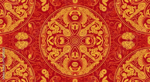 Intricate golden phoenix pattern on a vibrant red background, symbolizing good fortune and prosperity.