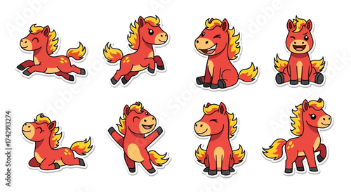 Collection of cute cartoon red horses in various poses with yellow manes and tails.