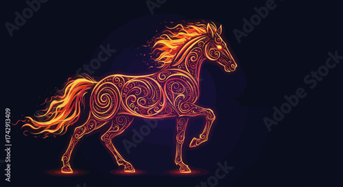 A majestic horse made of swirling fire and glowing light patterns on a dark background.
