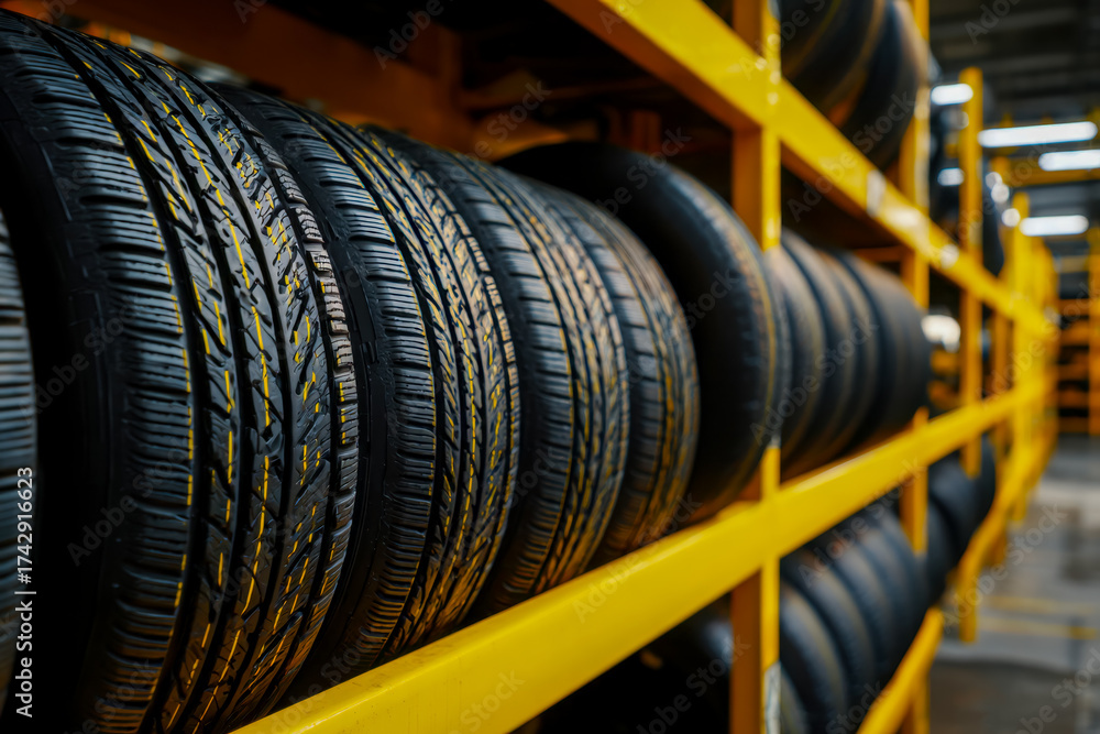 Obraz premium Stack of new car tires organized on yellow metal shelves in a warehouse