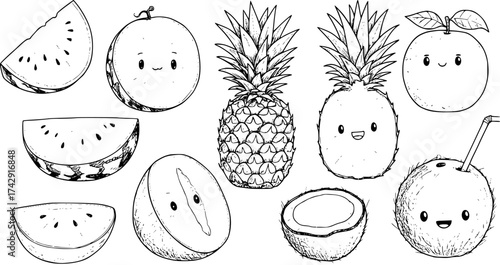 Cute Hand-Drawn Tropical Fruits Set. Black and White Line Art Collection with Kawaii Watermelon, Pineapple, Orange, and Coconut Characters for Summer Food Design.