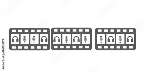 Domino effect of black and white pills on white background with filmstrip border and cinema theme