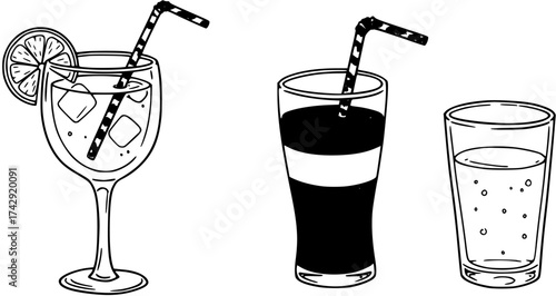 Drinks Collection: Hand-Drawn Line Art of Wine Glass, Soda, and Water