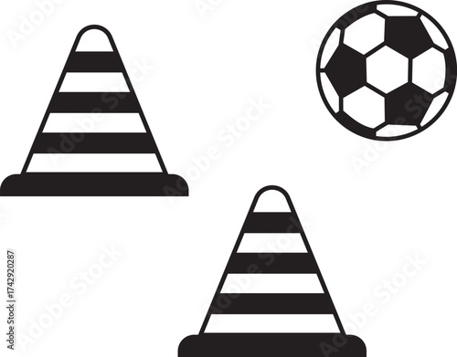 Soccer training equipment icons with cones and ball