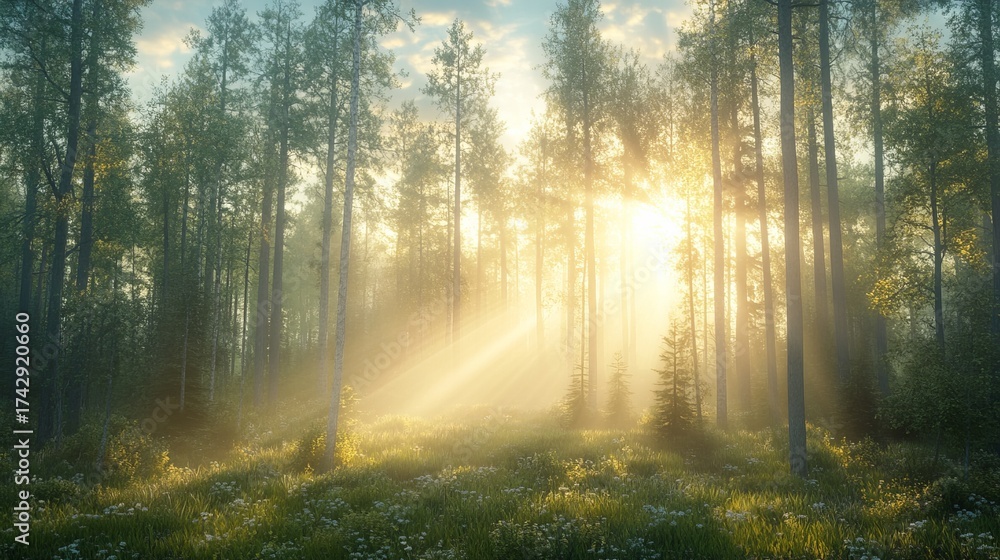 Obraz premium Sunlight streams through tall trees illuminating the misty forest floor and meadow flowers creating a bright scenic landscape.