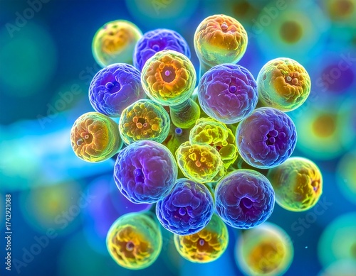 Cluster of fluorescent cells under microscope, vivid colors, soft focus background.