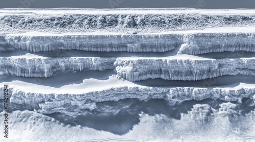 Layered ice formations, frozen waterfall texture