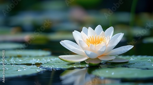 Wallpaper Mural White lotus flower floats on lily pads in pond, surrounded by soft, blurred background. Torontodigital.ca