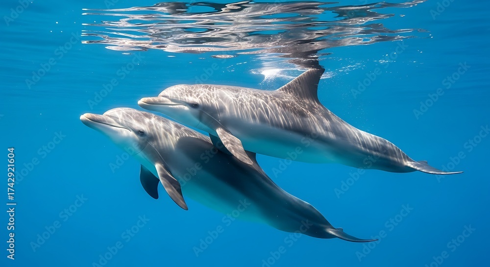 Obraz premium Two Dolphins Swimming Underwater.