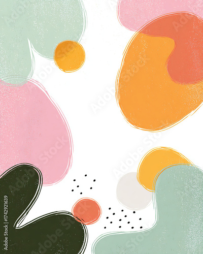 Organic abstract art with fluid shapes and textured brushstrokes. Modern color palette: orange, pink, mint green, and dark green. Cheerful, minimalist, and contemporary background design.