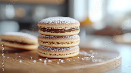 Wallpaper Mural Alfajores are stacked on a wooden board with a dusting of powdered sugar, next to scattered sugar crystals. Torontodigital.ca