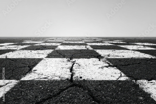 Worn cracked asphalt painted with a large weathered checkerboard pattern disappearing into a foggy horizon under an overcast sky