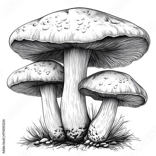 Three grayscale mushrooms on transparent background