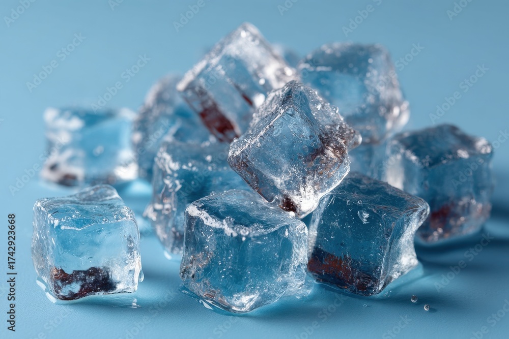Obraz premium Stacked ice cubes glistening on a blue background in macro photography