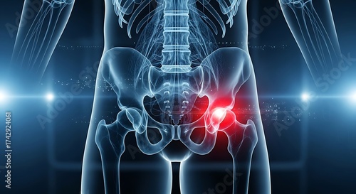 Medical Illustration of Hip Joint with Pain Highlight in Red in Human Skeleton