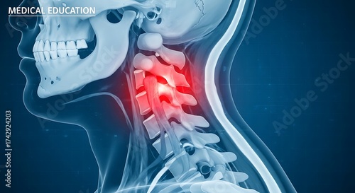 Medical Illustration of Human Cervical Spine with Neck Pain Highlighted in Red