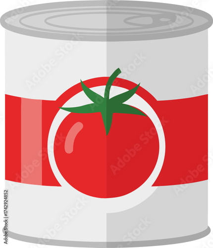 A white metal can with a large red tomato label, perfect for representing canned tomatoes, kitchen ingredients, or food packaging concepts