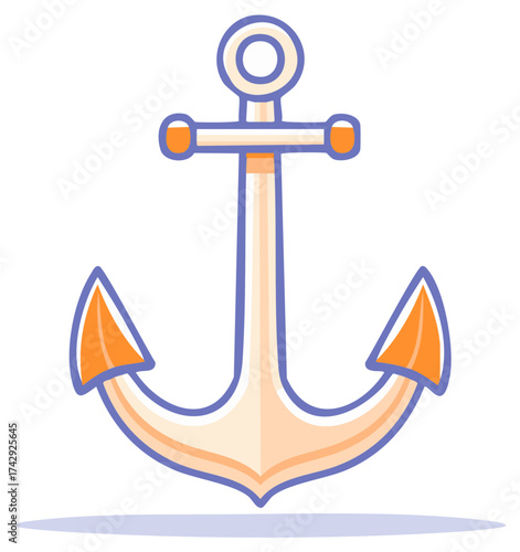 Single graphic of marine anchor in orange and light blue with heavy outline, nautical design element for seaside adventures