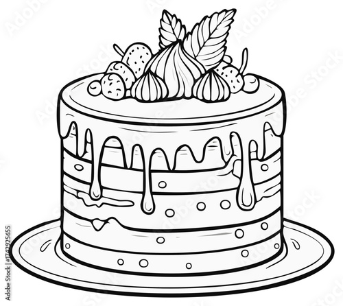 Layered Cake with Dripping Glaze, Strawberries, Berries, and Meringue Topping in Line Art Style