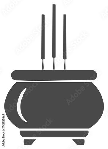 Incense burner and incense sticks illustration, symbolic icon representing tranquility and spirituality.