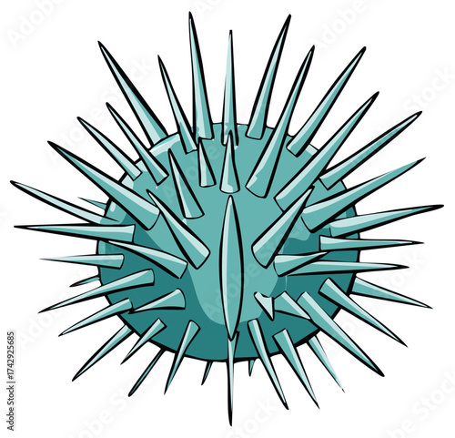 Teal spiky sphere with sharp pointed spikes in a hazardous pattern