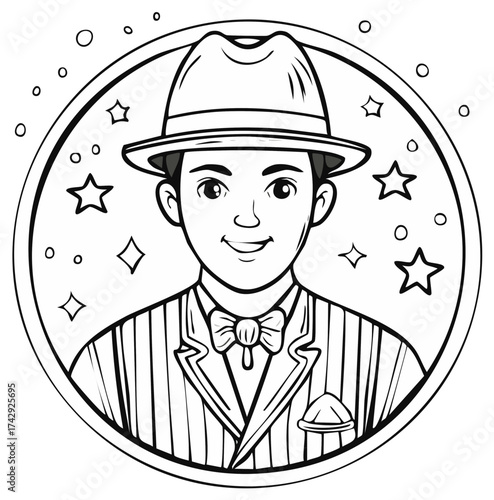 Stylized portrait of a man in a fedora and pinstripe suit with a bow tie and pocket square.