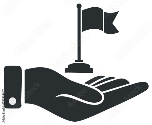 Icon of a hand holding a flag on a pedestal symbolizing achievement and success