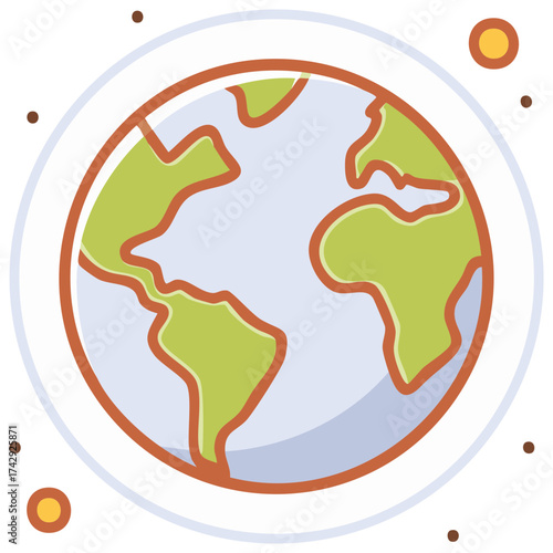 Stylized Earth with continents and orbiting celestial bodies in a flat design