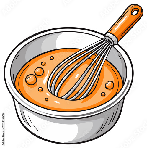 Whisk mixing orange liquid in a bowl creating batter for baking and cooking