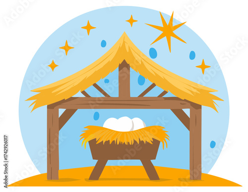 Christian nativity scene illustration with a manger in a wooden stable under the bright Star of Bethlehem at night