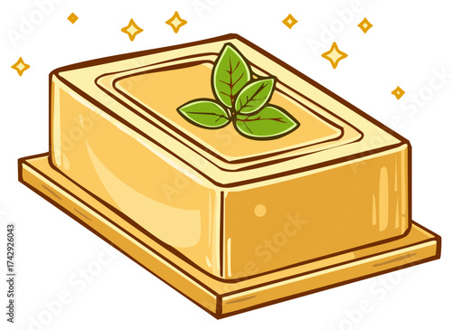 Shiny cartoon illustration of a fresh stick of butter with a green herb garnish on a dish