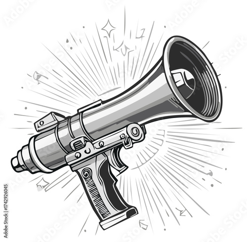 Monochrome Amplifier Weapon Graphic Illustration Concept with Rays of Light