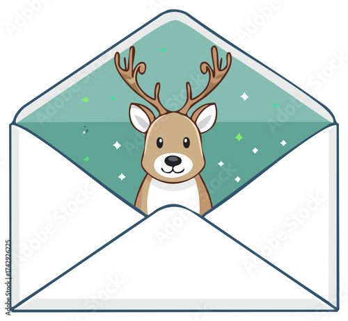 Cute Cartoon Reindeer Peeking from a Holiday Greeting Envelope Illustration