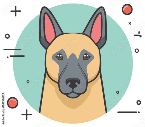 Modern cartoon illustration of a Belgian Malinois dog head portrait with an alert and friendly expression