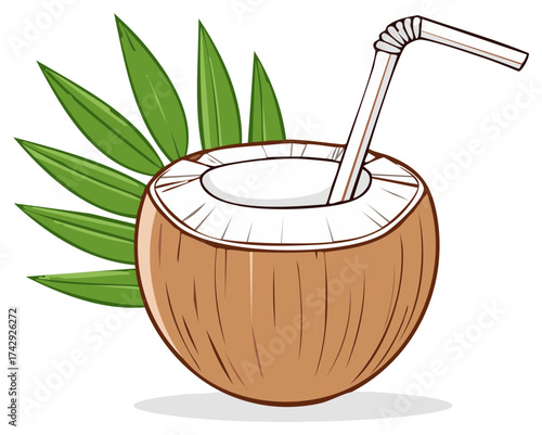Cartoon Coconut Drink with Straw and Green Leaves Illustration