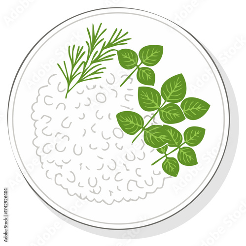 Simple illustration of a healthy meal with rice and fresh green herbs garnish from a top down view
