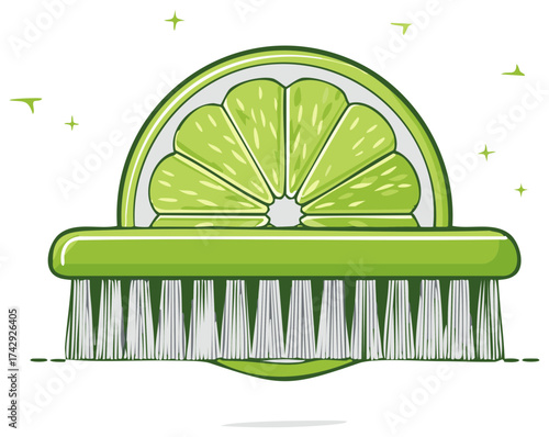 Lime slice on a scrubbing brush in a bright illustration