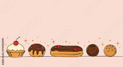 Minimalist French Dessert Border with Eclair, Cupcake, and Gold Glitter on Pink Vector