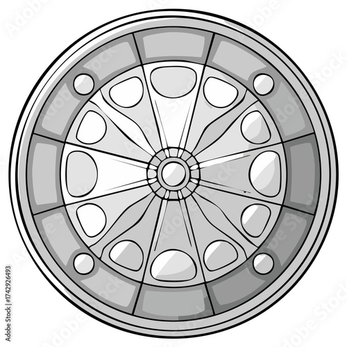 Stylized industrial cog or wheel graphic with intricate spoke details