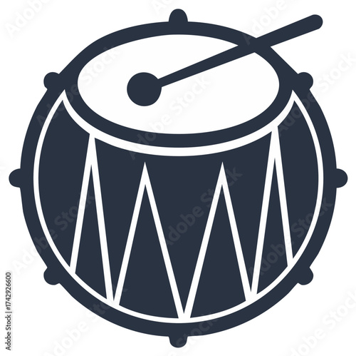 Black and white illustration of a drum with drumstick isolated
