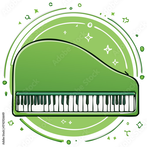 Green piano cartoon graphic with musical keyboard, musical instruments