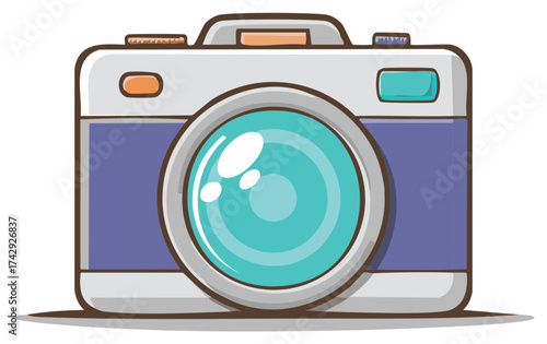 A Cute Blue and White Toy Camera Icon with a Colorful Lens Illustration