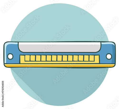 Stylized blue and yellow harmonica musical instrument illustration with long shadow flat design