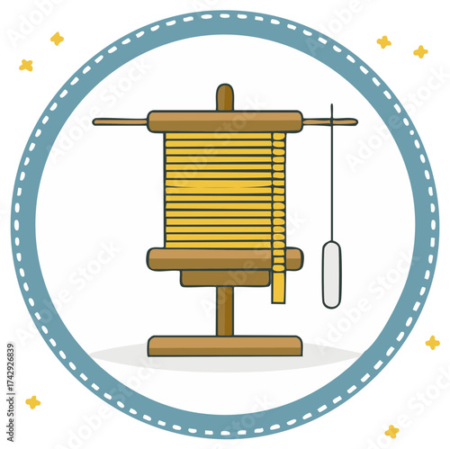Illustration of a vintage weaving loom in a circular frame, craft concept.