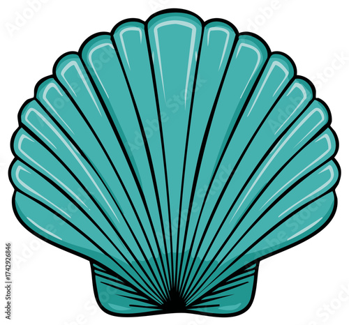Turquoise blue scallop shell cartoon illustration. Isolated marine life icon with glossy highlights.
