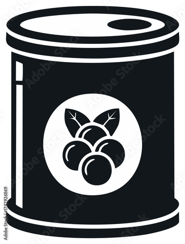Simple monochrome vector icon of a tin can with a berry fruit and leaf label for preserved food
