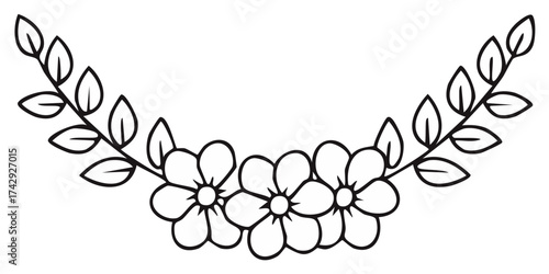 Floral Wreath Design with Leaves and Flowers in a Symmetrical Composition